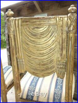 2 Chaises en bois doré style Louis XVI, dossier plein en bois doré
