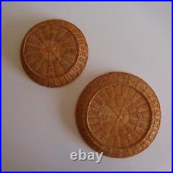 2 corbeilles service de table ronde bois rotin fait main France Art Déco N3256