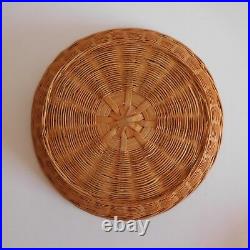 2 corbeilles service de table ronde bois rotin fait main France Art Déco N3256