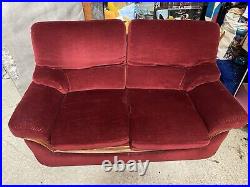 Ancien Canapé Art Déco En Velour Rouge Bordeaux & Décor Bois #B230