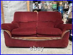 Ancien Canapé Art Déco En Velour Rouge Bordeaux & Décor Bois #B230