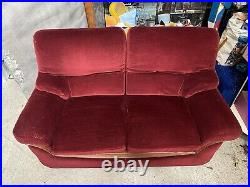 Ancien Canapé Art Déco En Velour Rouge Bordeaux & Décor Bois #B230