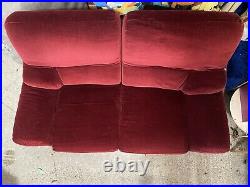 Ancien Canapé Art Déco En Velour Rouge Bordeaux & Décor Bois #B230