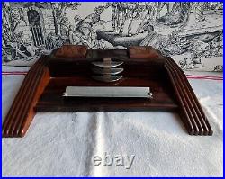 Ancien Encrier De Bureau Art Deco Bois Ronce De Noyer Et Chrome