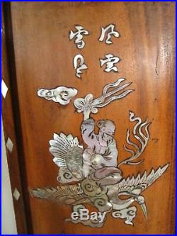 Ancien Paravent Miniature de table Bois Nacre Asiatique Chine 4 vantaux début XX