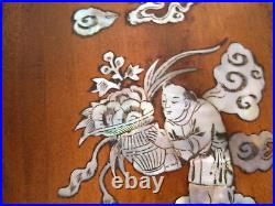 Ancien Paravent Miniature de table Bois Nacre Asiatique Chine 4 vantaux début XX