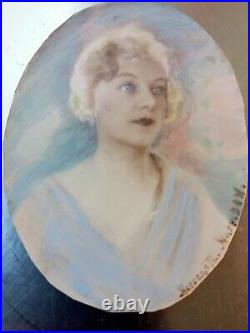 Ancien Portrait Miniature De Femme Profil Art Deco Signe Cadre Bois Noirci