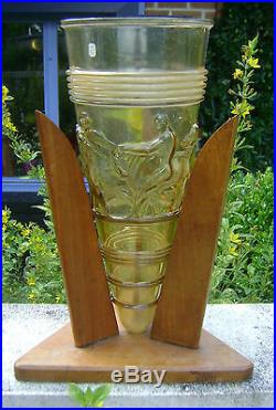 Ancien Vase Conique Moule Presse Art Deco Base Bois Ailettes 1930/40 N2495
