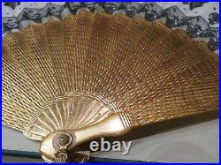 Ancien eventail fan abanico epoque 1930 en bois doré et dentelle art deco