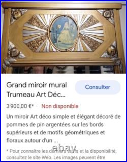 Ancien grand Trumeau grand miroir mural français Art Déco 1930, Argent, Or Ancien grand Trumeau grand miroir mural français Art Déco 1930, Argent, Or