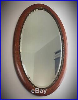 Ancien miroir biseauté ovale bois et stuc doré effet bois de loupe- ART DECO1930