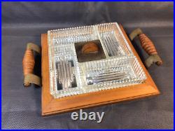 Ancien plat apéritif de table Art Déco en bois et verre vintage années 1950