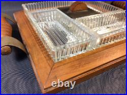 Ancien plat apéritif de table Art Déco en bois et verre vintage années 1950