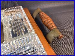 Ancien plat apéritif de table Art Déco en bois et verre vintage années 1950