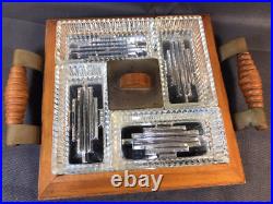Ancien plat apéritif de table Art Déco en bois et verre vintage années 1950
