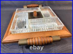 Ancien plat apéritif de table Art Déco en bois et verre vintage années 1950