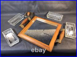 Ancien plat apéritif de table Art Déco en bois et verre vintage années 1950