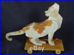 Ancien rare grand chat jouet sur roues bois peint style Benjamin RABIER année 30