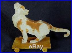 Ancien rare grand chat jouet sur roues bois peint style Benjamin RABIER année 30