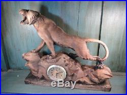Ancienne Pendule Tigre Lion Horloge 1950 Scupture Bois Ancien Art Deco Vintage