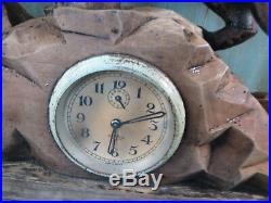 Ancienne Pendule Tigre Lion Horloge 1950 Scupture Bois Ancien Art Deco Vintage