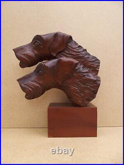 Ancienne sculpture en bois tête de chien de chasse Art Déco signée A. E. F