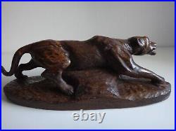 Ancienne sculpture panthére bois old wooden carved panther Art déco 53cm