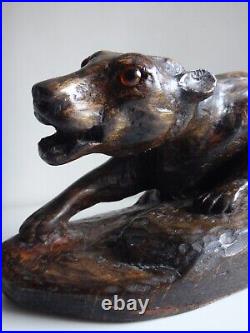 Ancienne sculpture panthére bois old wooden carved panther Art déco 53cm