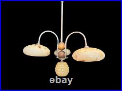 Art déco lustre suspension opaline métal et bois vers 1930