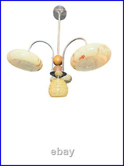 Art déco lustre suspension opaline métal et bois vers 1930