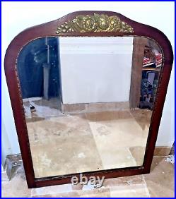 Beau miroir biseauté en bois et bronze Art Deco