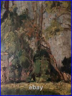 Belle peinture huile panneau bois 1900 paysage impressionniste Forêt Ancien Art