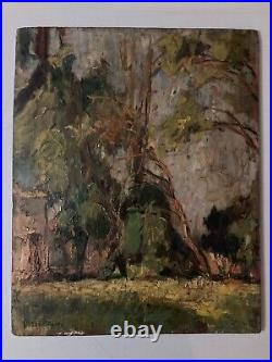 Belle peinture huile panneau bois 1900 paysage impressionniste Forêt Ancien Art