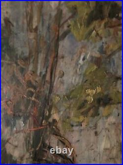 Belle peinture huile panneau bois 1900 paysage impressionniste Forêt Ancien Art