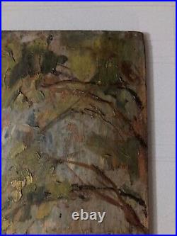 Belle peinture huile panneau bois 1900 paysage impressionniste Forêt Ancien Art