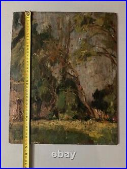 Belle peinture huile panneau bois 1900 paysage impressionniste Forêt Ancien Art