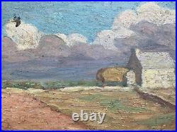 Belle peinture huile panneau bois 1930 paysage post impressionniste ferme champs