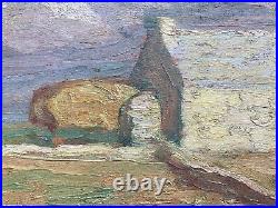 Belle peinture huile panneau bois 1930 paysage post impressionniste ferme champs