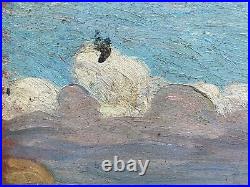 Belle peinture huile panneau bois 1930 paysage post impressionniste ferme champs