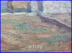 Belle peinture huile panneau bois 1930 paysage post impressionniste ferme champs