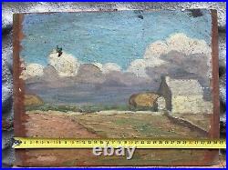 Belle peinture huile panneau bois 1930 paysage post impressionniste ferme champs