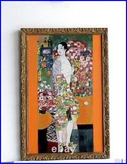 Cadre Ancien Bois Art Deco Peinture Huile Sur Toile Repro Klimt (feuille D'or)