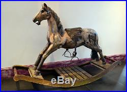 Cheval a bascule bois peinture polychrome très ancien cuir & acier rarissime