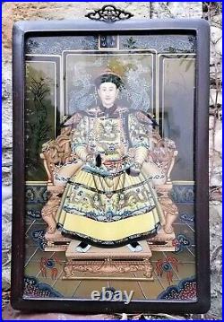 Chinoiserie ancienne Peinture Tableau dit Fixé sous verre Empereur de Chine