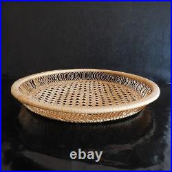 Corbeille service de table ronde bois rotin fait main France Art Déco XXe N3254