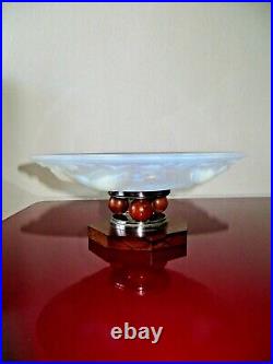 Coupe à fruits EZAN. Art Deco verre pressé opalescente & bois. Décor d'oiseaux