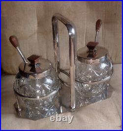 Double Confiturier Cristal Baccarat Metal Argente + Bois Art Deco Double Confiturier Cristal Baccarat Metal Argente + Bois Art Deco