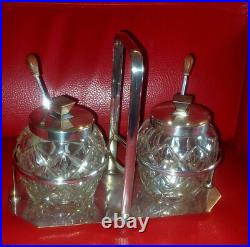 Double Confiturier Cristal Baccarat Metal Argente + Bois Art Deco Double Confiturier Cristal Baccarat Metal Argente + Bois Art Deco