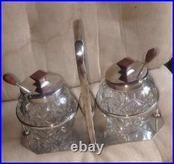 Double Confiturier Cristal Baccarat Metal Argente + Bois Art Deco Double Confiturier Cristal Baccarat Metal Argente + Bois Art Deco