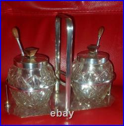 Double Confiturier Cristal Baccarat Metal Argente + Bois Art Deco Double Confiturier Cristal Baccarat Metal Argente + Bois Art Deco